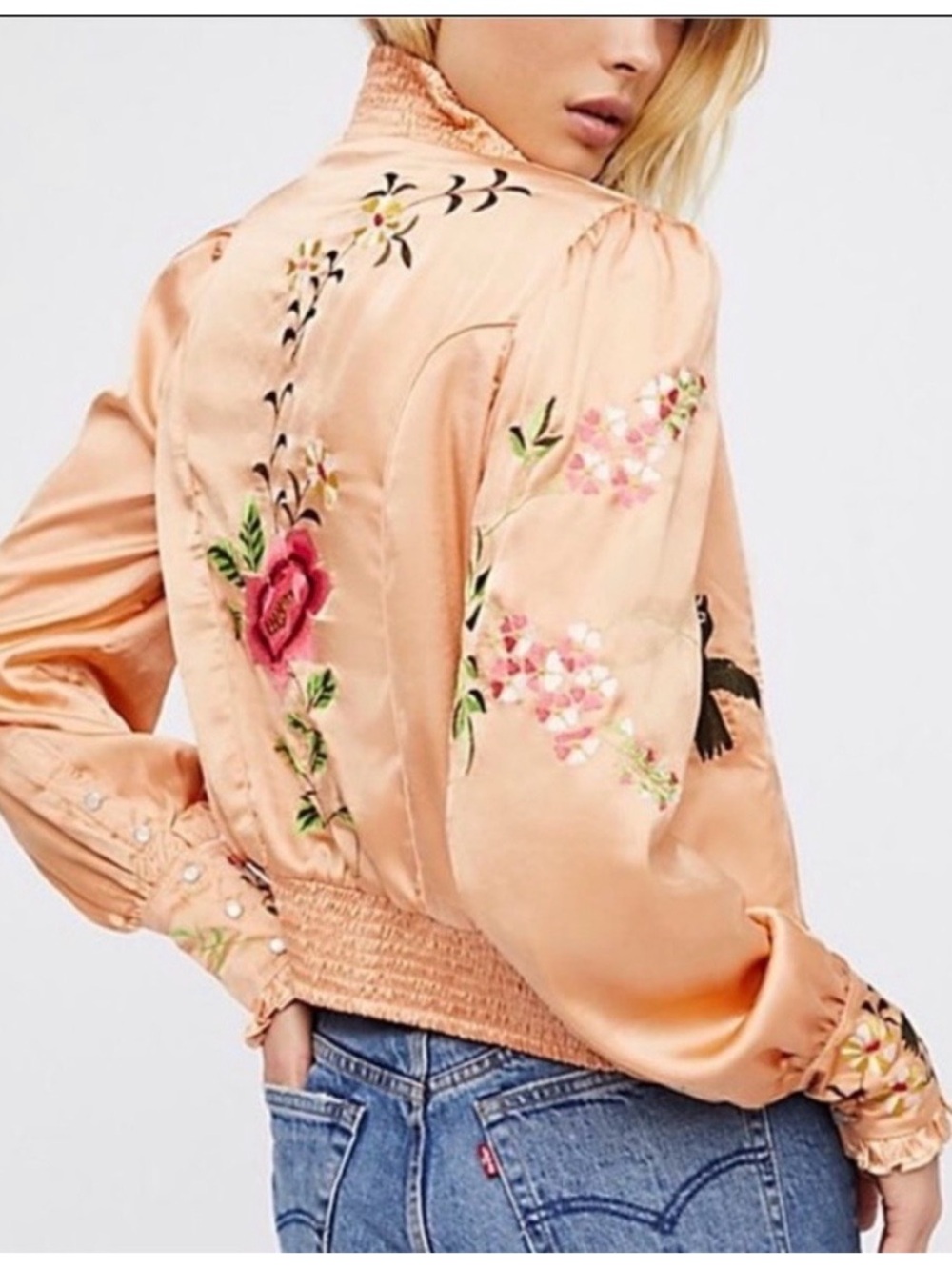 Free People Peach Satin Embroidered Bomber Jacket - Picture 2 of 4